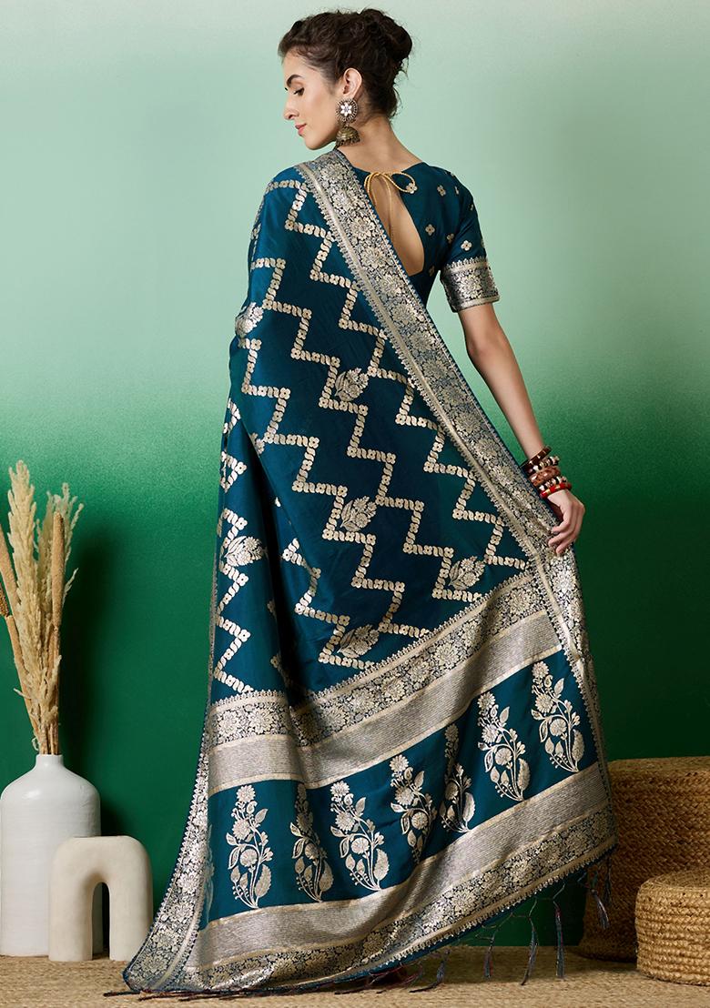 Teal Zari Woven Staple Cotton Saree Set