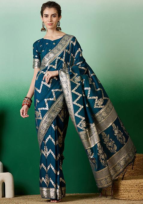 Teal Zari Woven Staple Cotton Saree Set