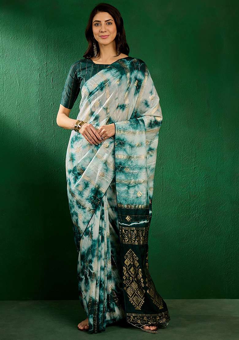 Green Zari Woven Staple Cotton Saree Set - Indya