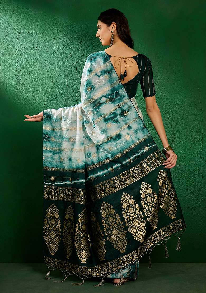 Green Zari Woven Staple Cotton Saree Set - Indya