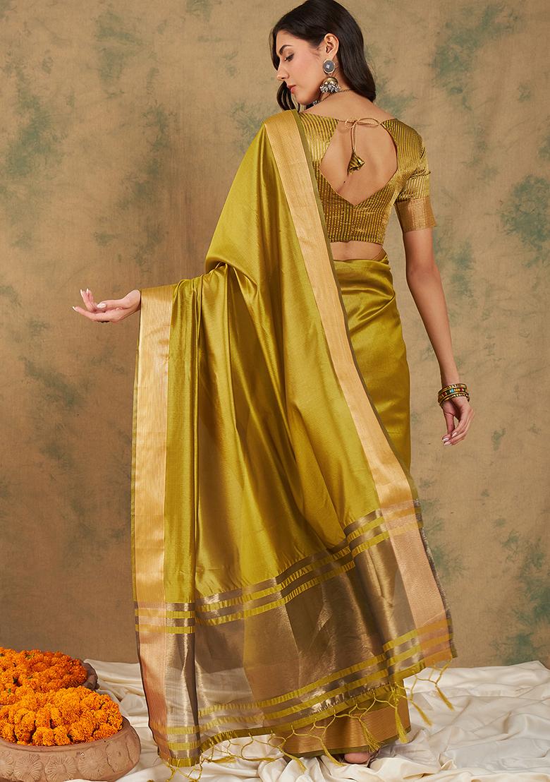 Yellow Zari Woven Cotton Organza Saree Set