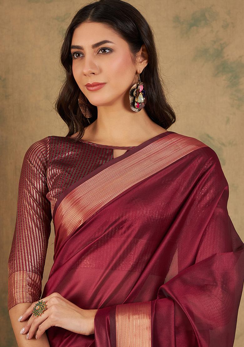 Maroon Zari Woven Cotton Organza Saree Set