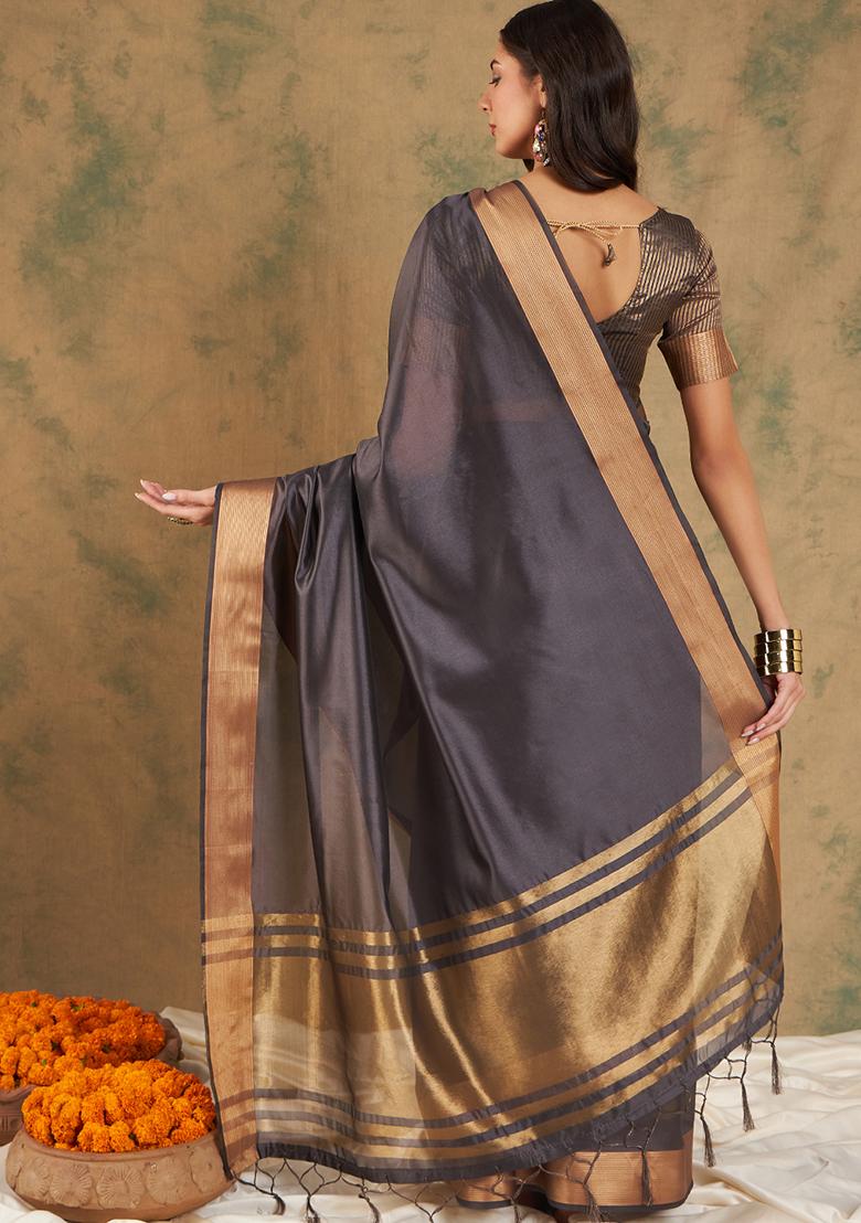 Navy Blue Zari Woven Cotton Organza Saree Set
