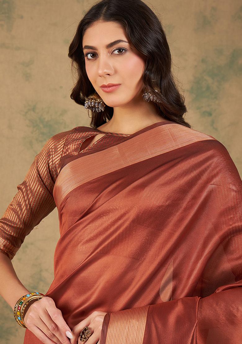 Rust Zari Woven Cotton Organza Saree Set