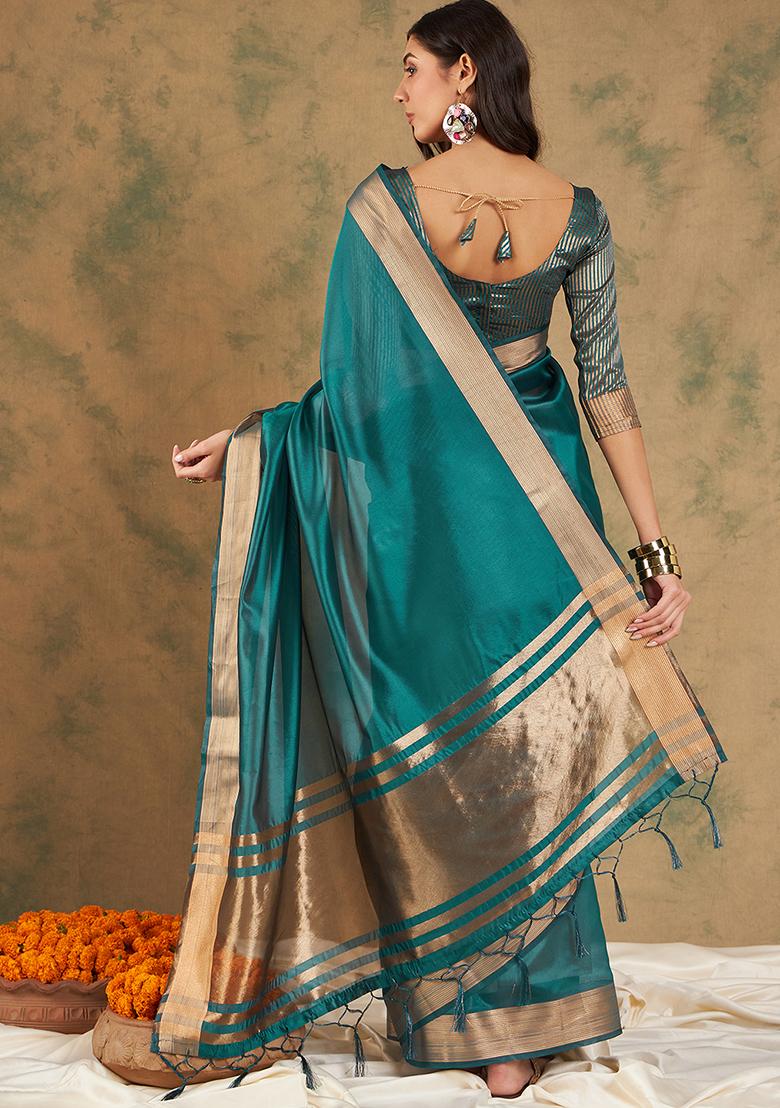 Teal Zari Woven Cotton Organza Saree Set