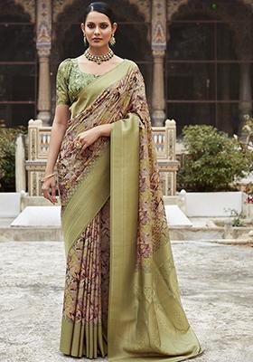 Green Woven Digital Print Tissue Silk Saree Set