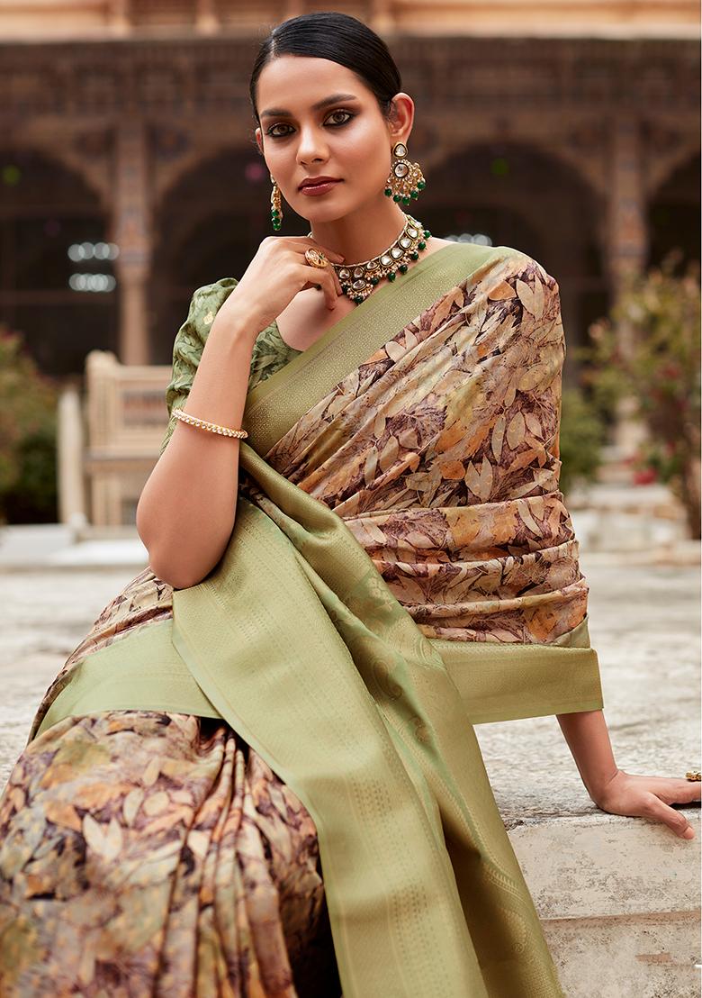 Green Woven Digital Print Tissue Silk Saree Set