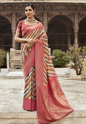 Pink Woven Digital Print Tissue Silk Saree Set