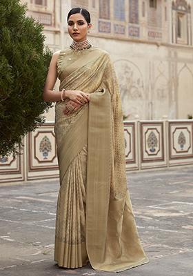 Dusty Brown Woven Digital Print Tissue Silk Saree Set