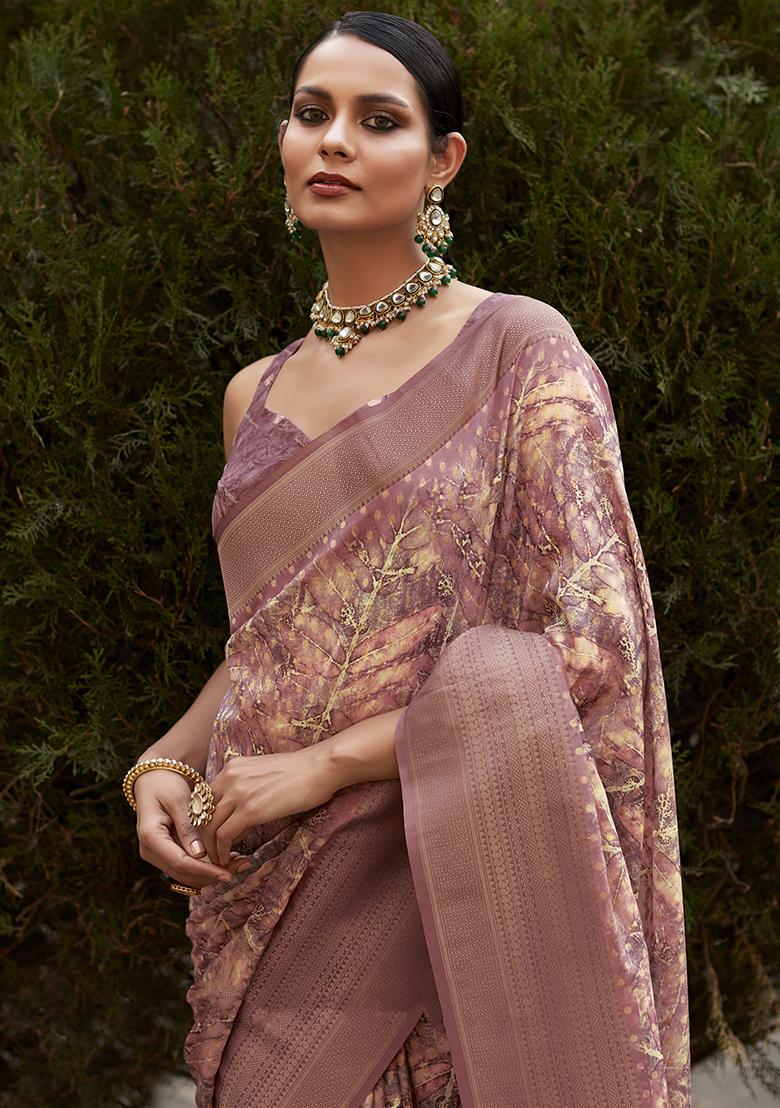 Purple Woven Digital Print Tissue Silk Saree Set