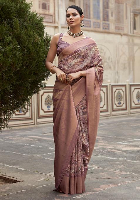 Purple Woven Digital Print Tissue Silk Saree Set