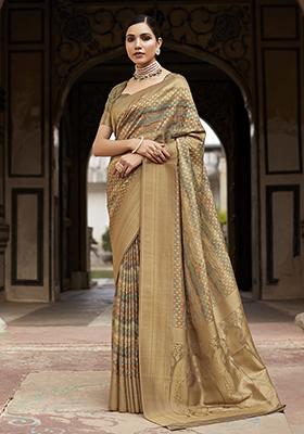 Green Woven Digital Print Tissue Silk Saree Set