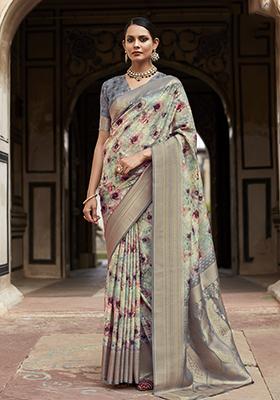 Grey Woven Digital Print Tissue Silk Saree Set
