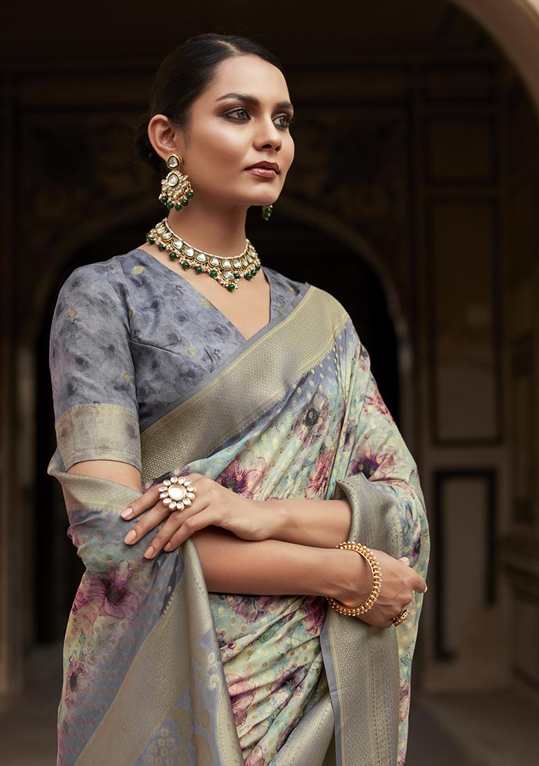 Grey Woven Digital Print Tissue Silk Saree Set