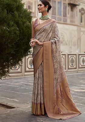 Peach Woven Digital Print Tissue Silk Saree Set