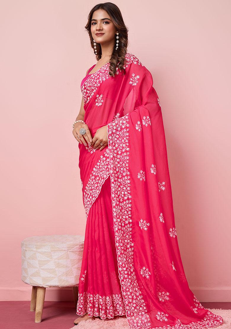 Pink Sequin Embroidered Tabby Silk Saree Set
