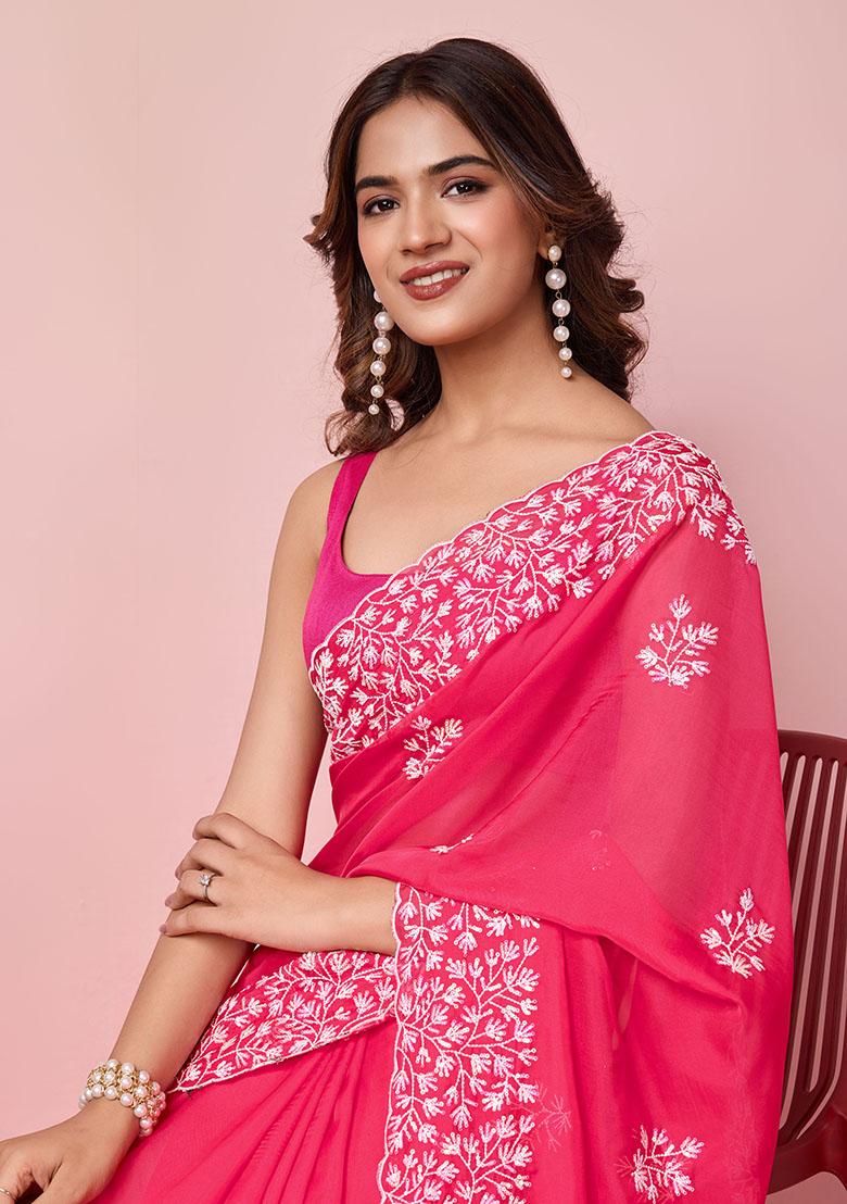 Pink Sequin Embroidered Tabby Silk Saree Set