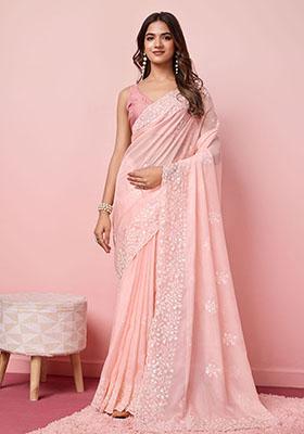 Pink Sequin Embroidered Tabby Silk Saree Set