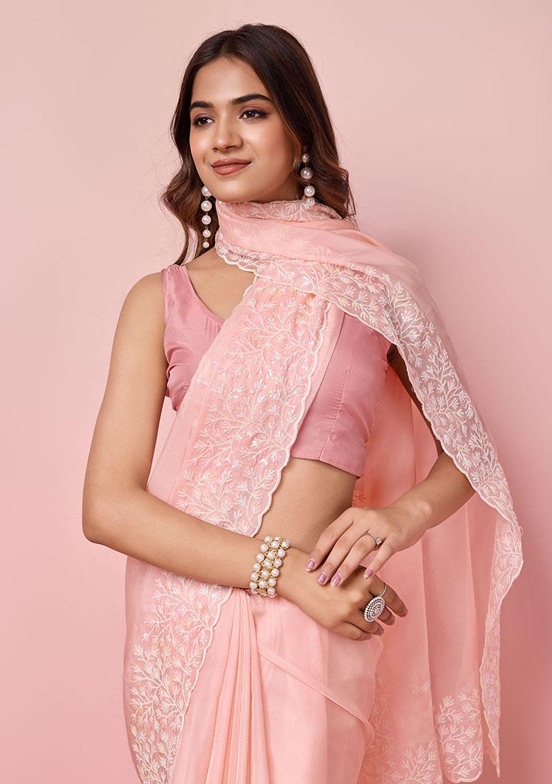 Pink Sequin Embroidered Tabby Silk Saree Set