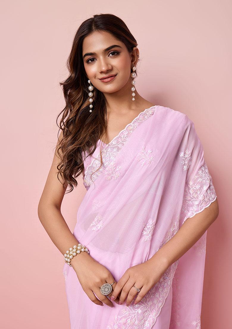 Purple Sequin Embroidered Tabby Silk Saree Set