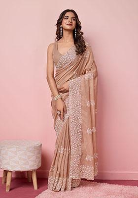 Beige Sequin Embroidered Tabby Silk Saree Set
