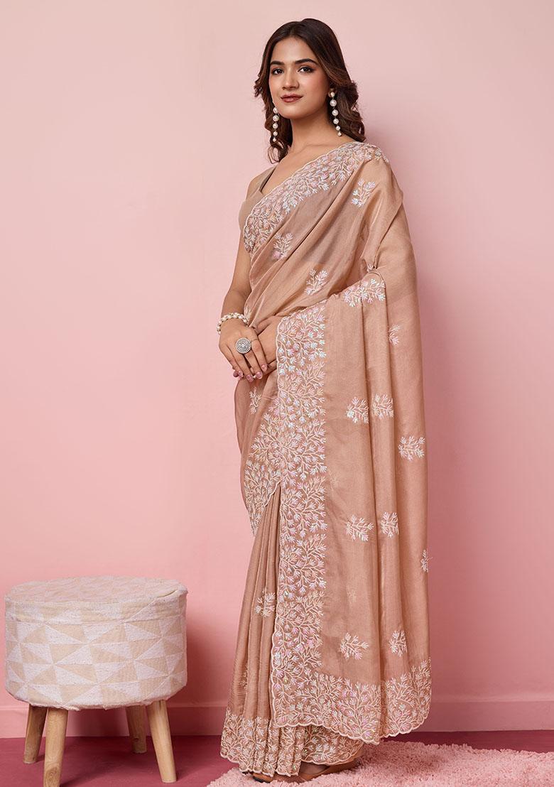 Beige Sequin Embroidered Tabby Silk Saree Set