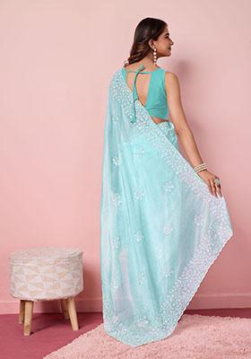 Sky Blue Sequin Embroidered Tabby Silk Saree Set