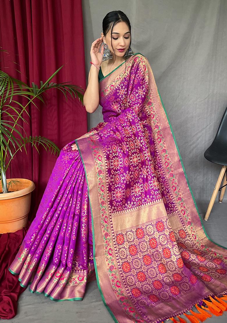 Purple Zari Woven Patola Silk Saree Set
