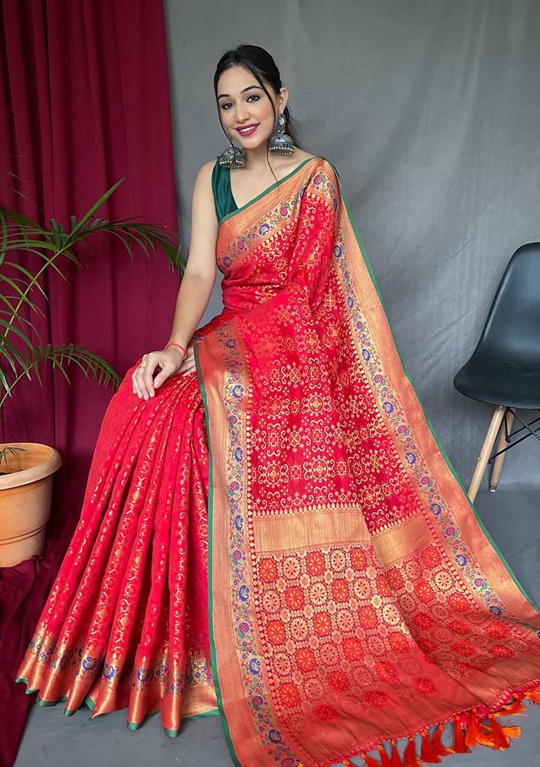 Red Zari Woven Patola Silk Saree Set