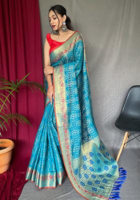 Blue Zari Woven Patola Silk Saree Set