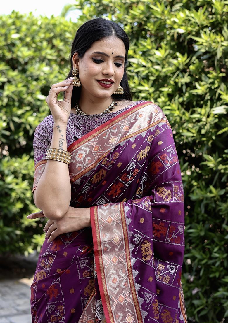 Purple Zari Woven Handloom Silk Saree Set