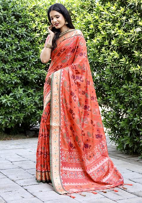 Orange Zari Woven Handloom Silk Saree Set