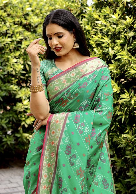 Rama Blue Zari Woven Handloom Silk Saree Set