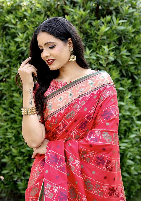 Pink Zari Woven Handloom Silk Saree Set