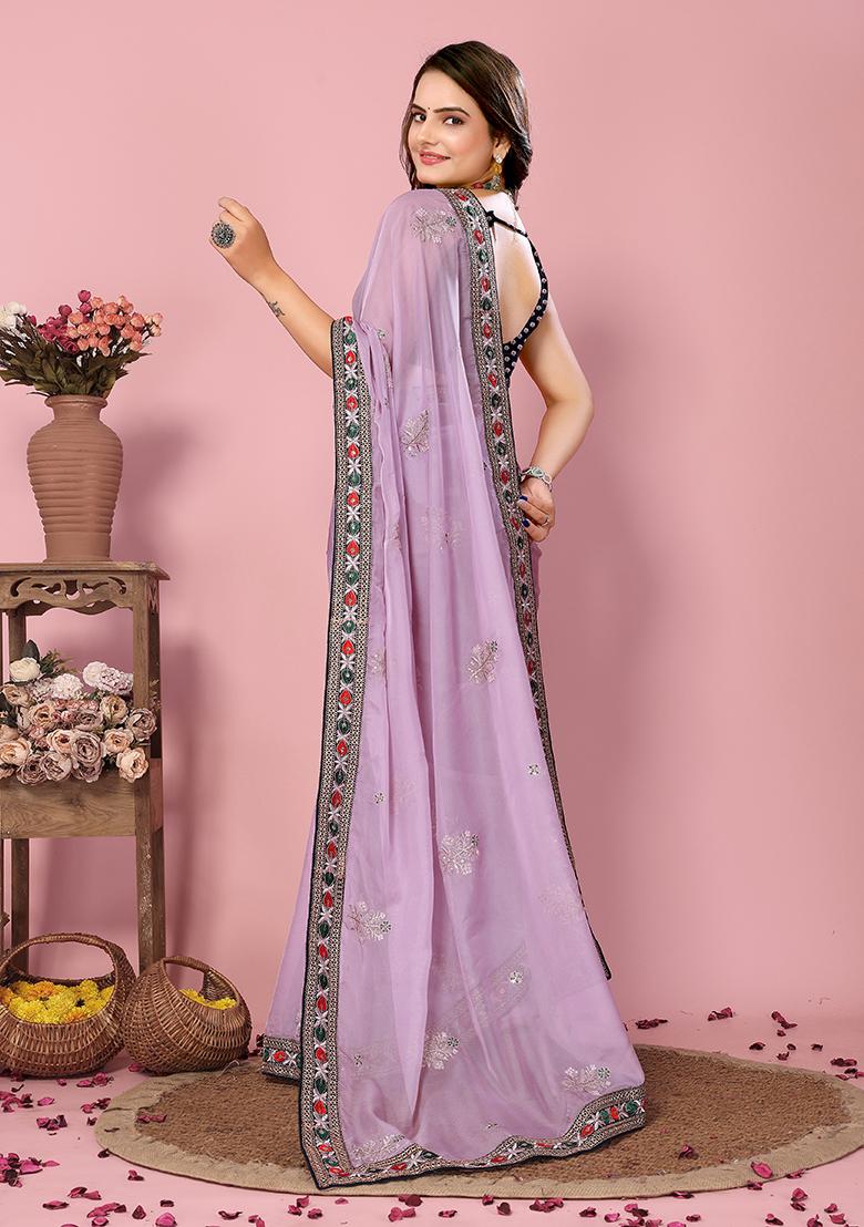 Purple Printed Sequin Embroidered Organza Saree Set