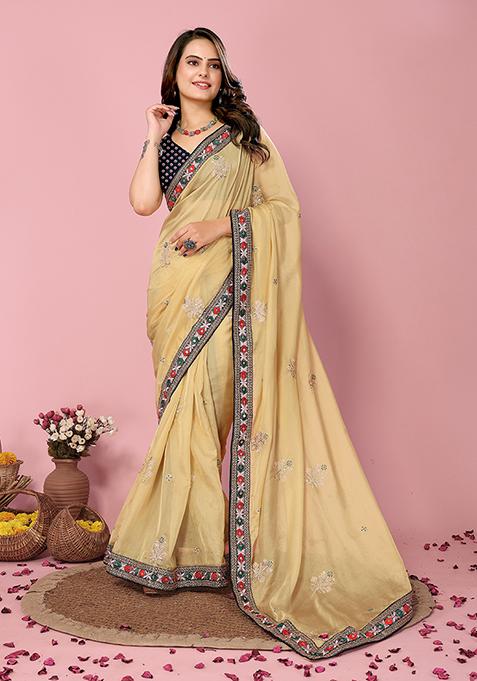 Yellow Printed Sequin Embroidered Organza Saree Set