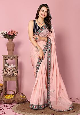 Peach Printed Sequin Embroidered Organza Saree Set