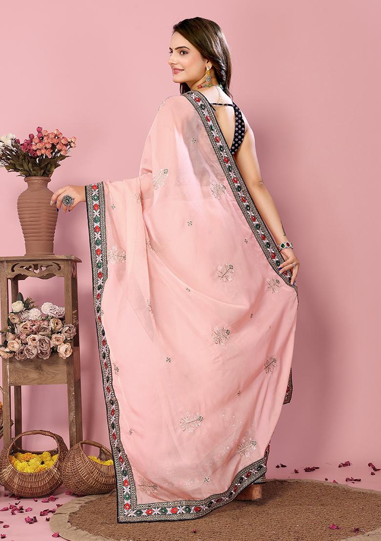 Peach Printed Sequin Embroidered Organza Saree Set