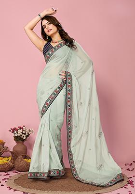Grey Printed Sequin Embroidered Organza Saree Set
