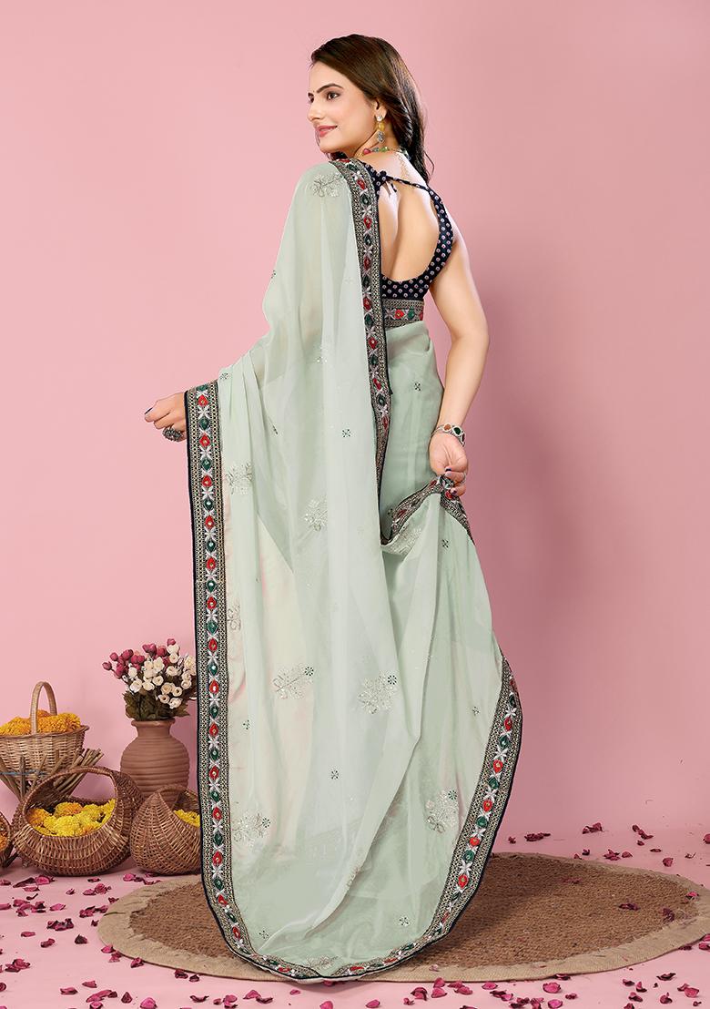 Grey Printed Sequin Embroidered Organza Saree Set