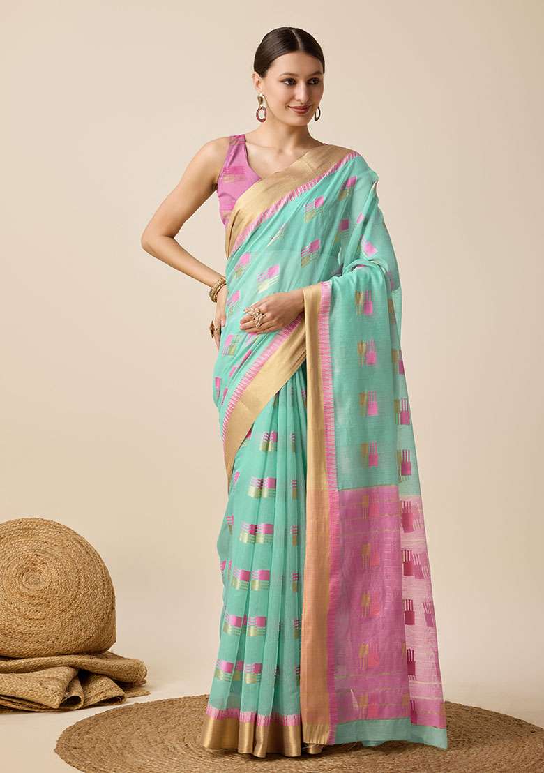 Sky Blue Woven Cotton Silk Saree Set - Indya