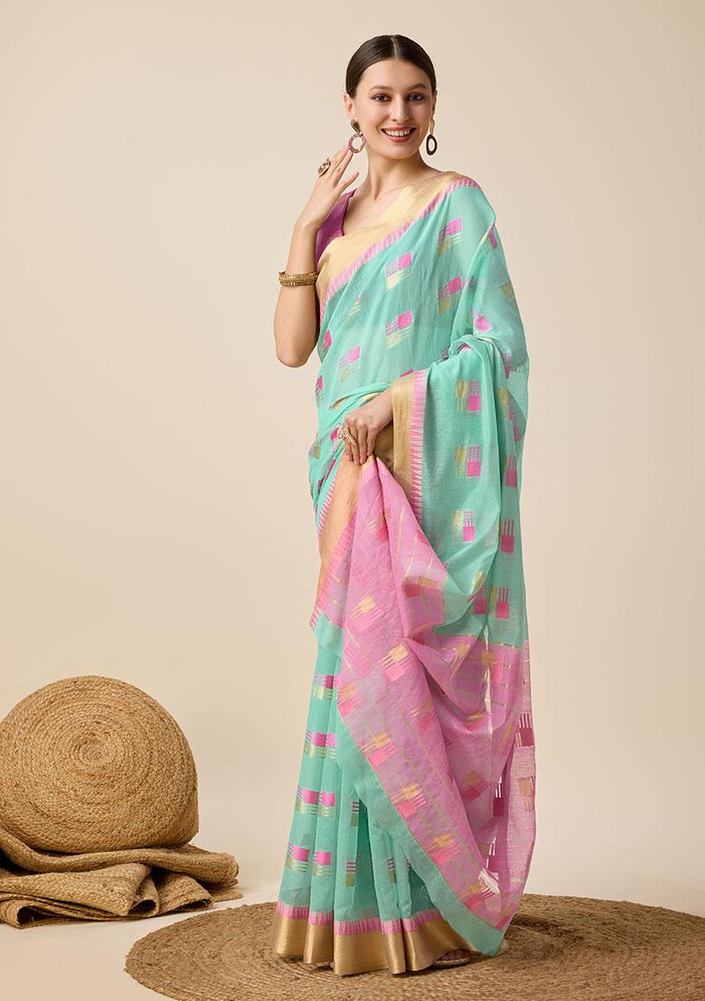 Sky Blue Woven Cotton Silk Saree Set