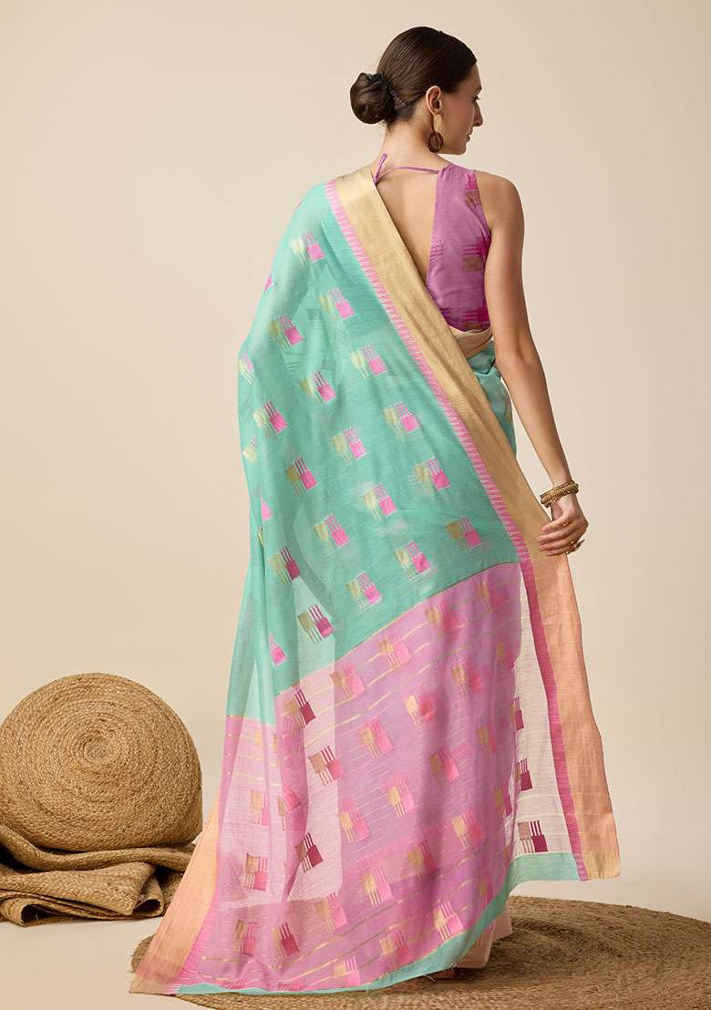 Sky Blue Woven Cotton Silk Saree Set - Indya