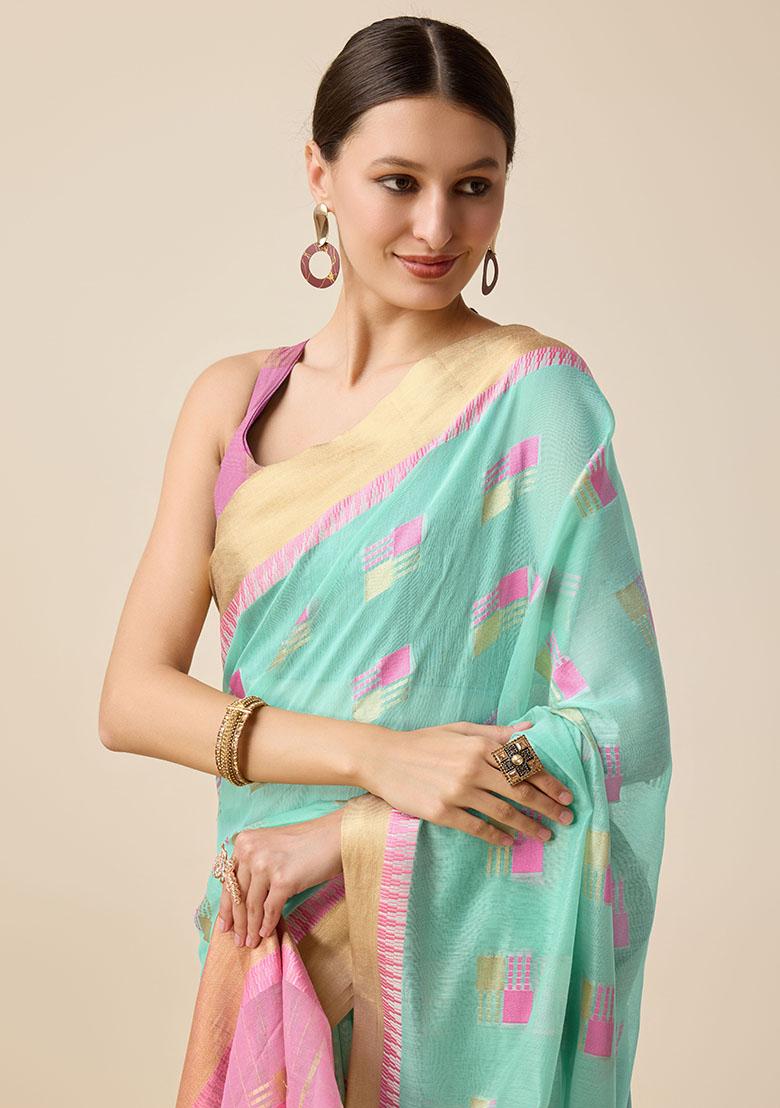 Sky Blue Woven Cotton Silk Saree Set
