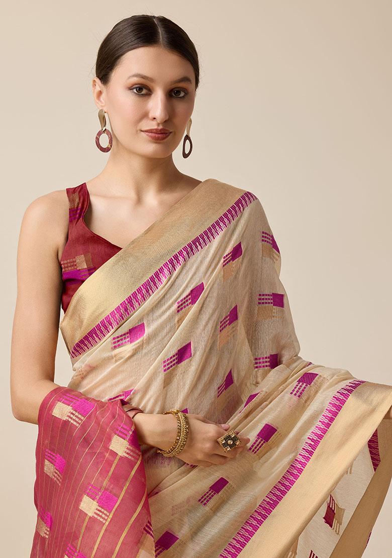 Cream Woven Cotton Silk Saree Set