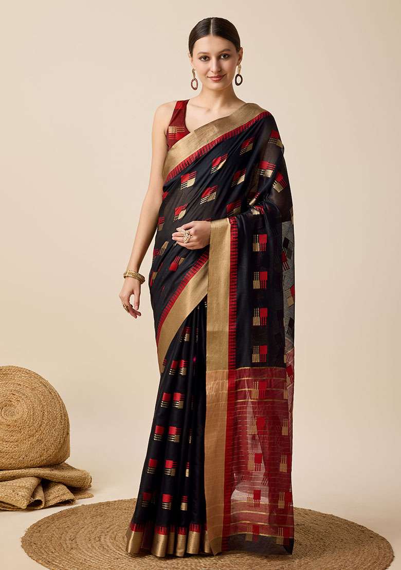 Black Woven Cotton Silk Saree Set - Indya
