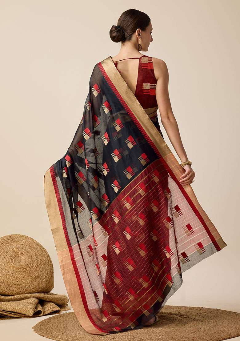 Black Woven Cotton Silk Saree Set - Indya