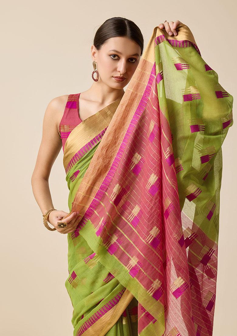 Mehendi Green Woven Cotton Silk Saree Set