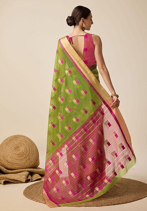 Mehendi Green Woven Cotton Silk Saree Set