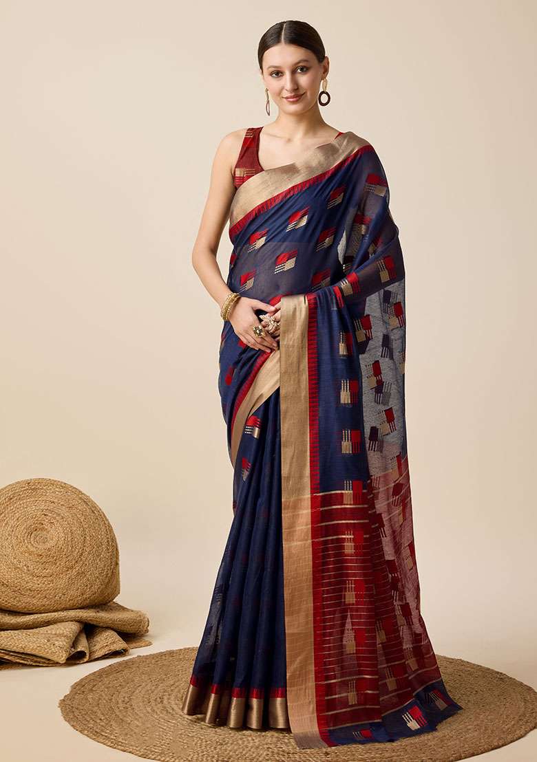 Blue Woven Cotton Silk Saree Set - Indya